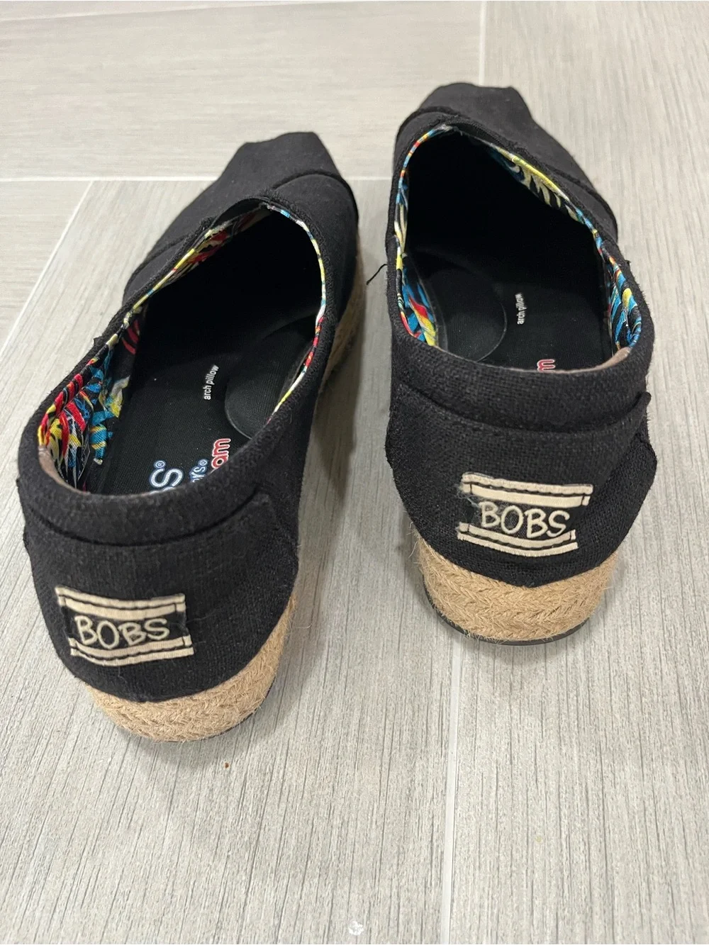 Skechers by BOBS Black Canvas Espadrille Wedge with Tropical Print Lining